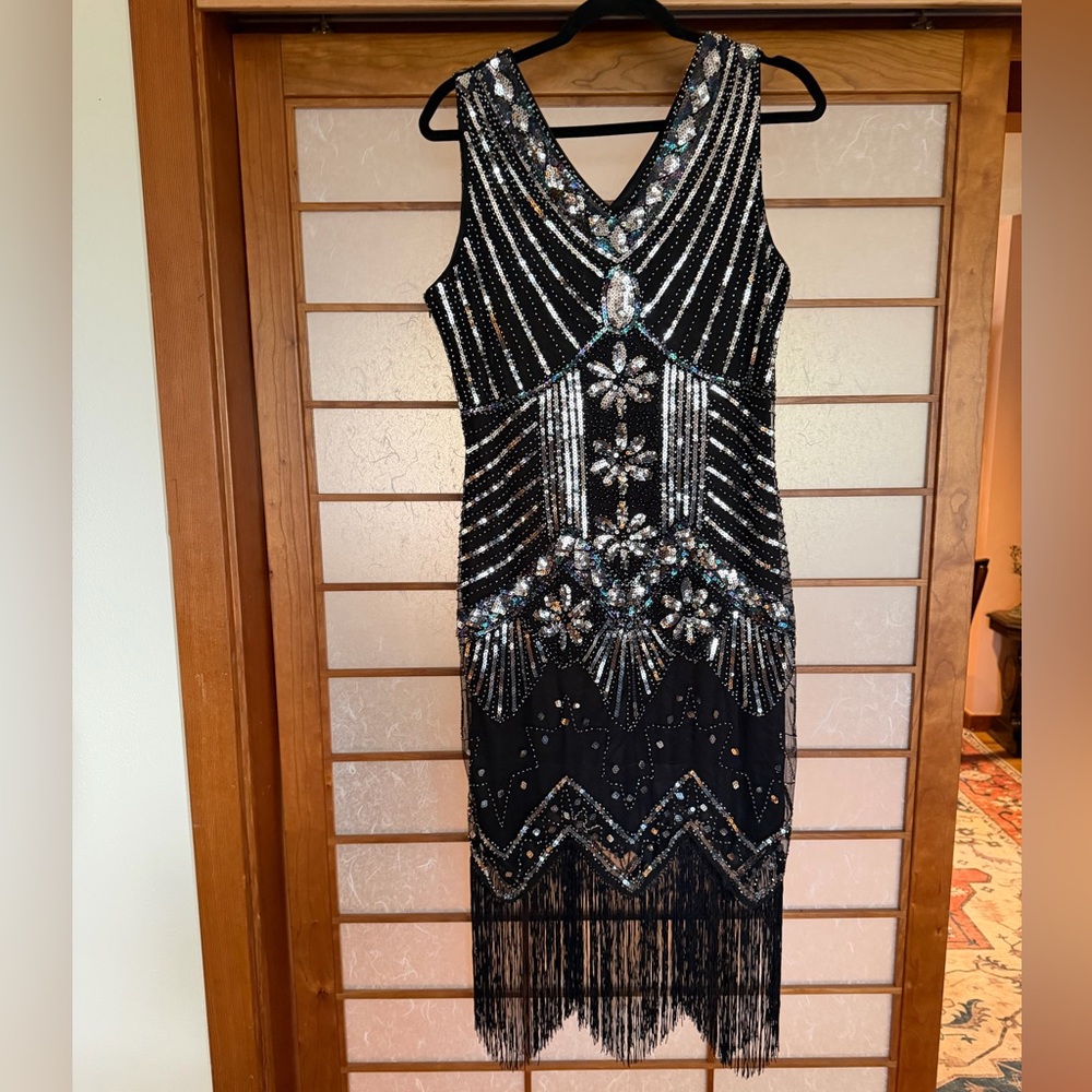 Women's 1920's Flapper Dress size M, Black with Silver Sequins - Picture 4 of 4